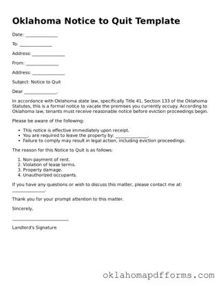 Free Notice to Quit Document for the State of Oklahoma