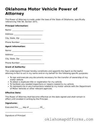 Free Motor Vehicle Power of Attorney Document for the State of Oklahoma